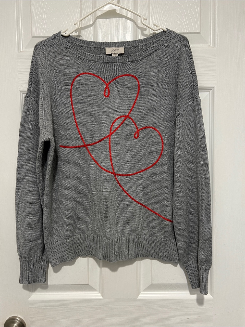 LOFT Gray Crewneck Sweater with Red Heart Line Design